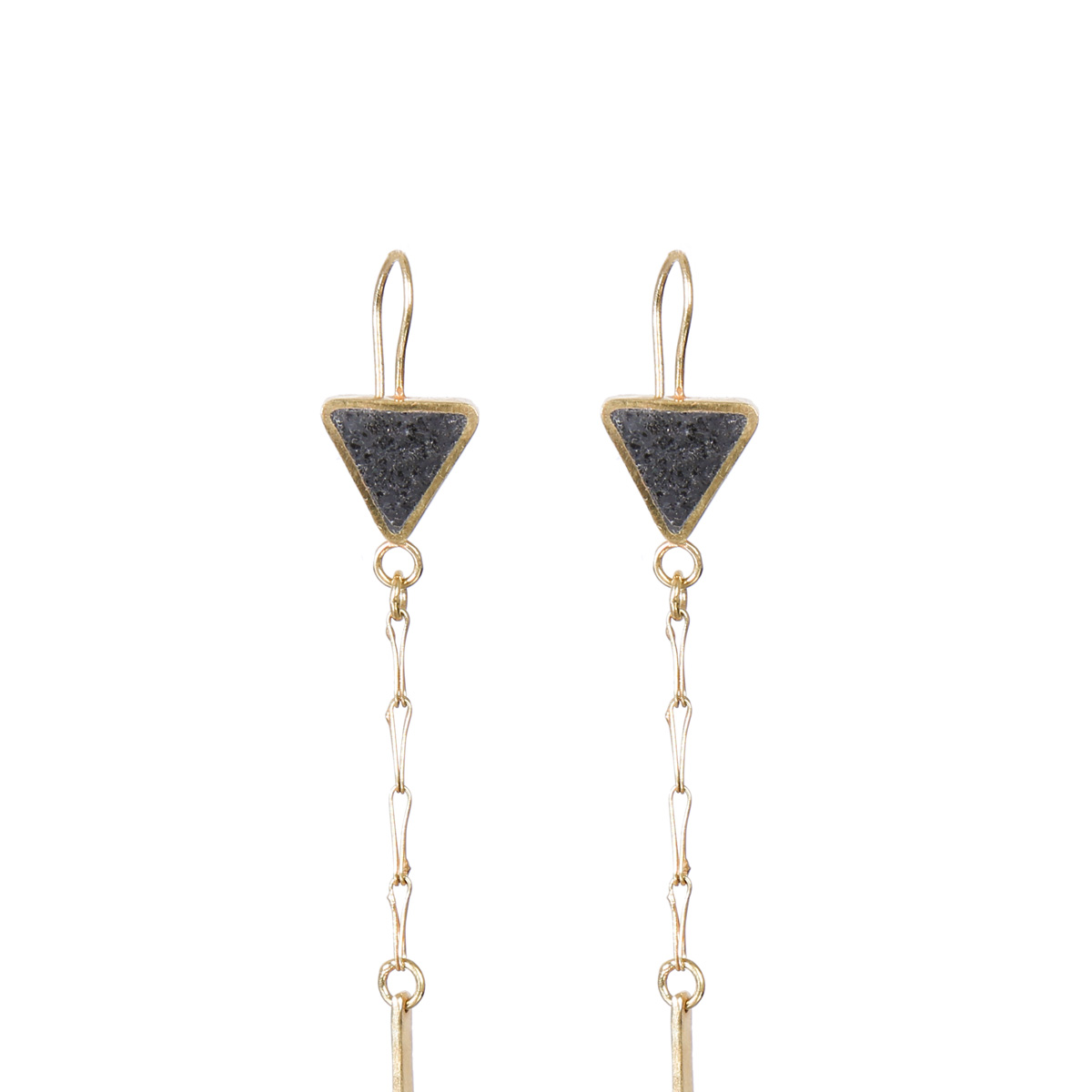 Black Tourmaline Triangle Earrings | Gold Plated Shoulder Earrings 