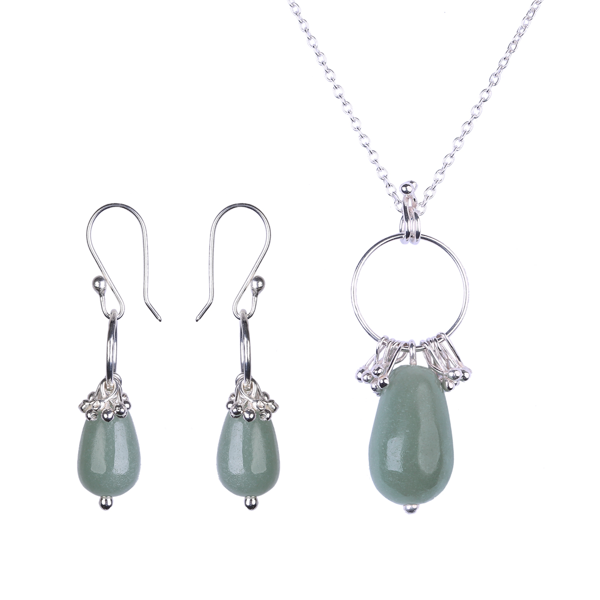 Jade Stone Jewelry Stone | Silver Teardrop Pendant & Earrings
