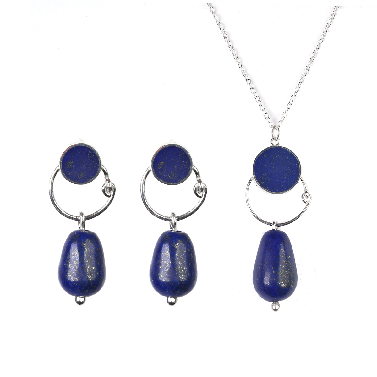 Lapis Lazuli Stone Jewelry Set | Silver Teardrop Pendant & Earrings