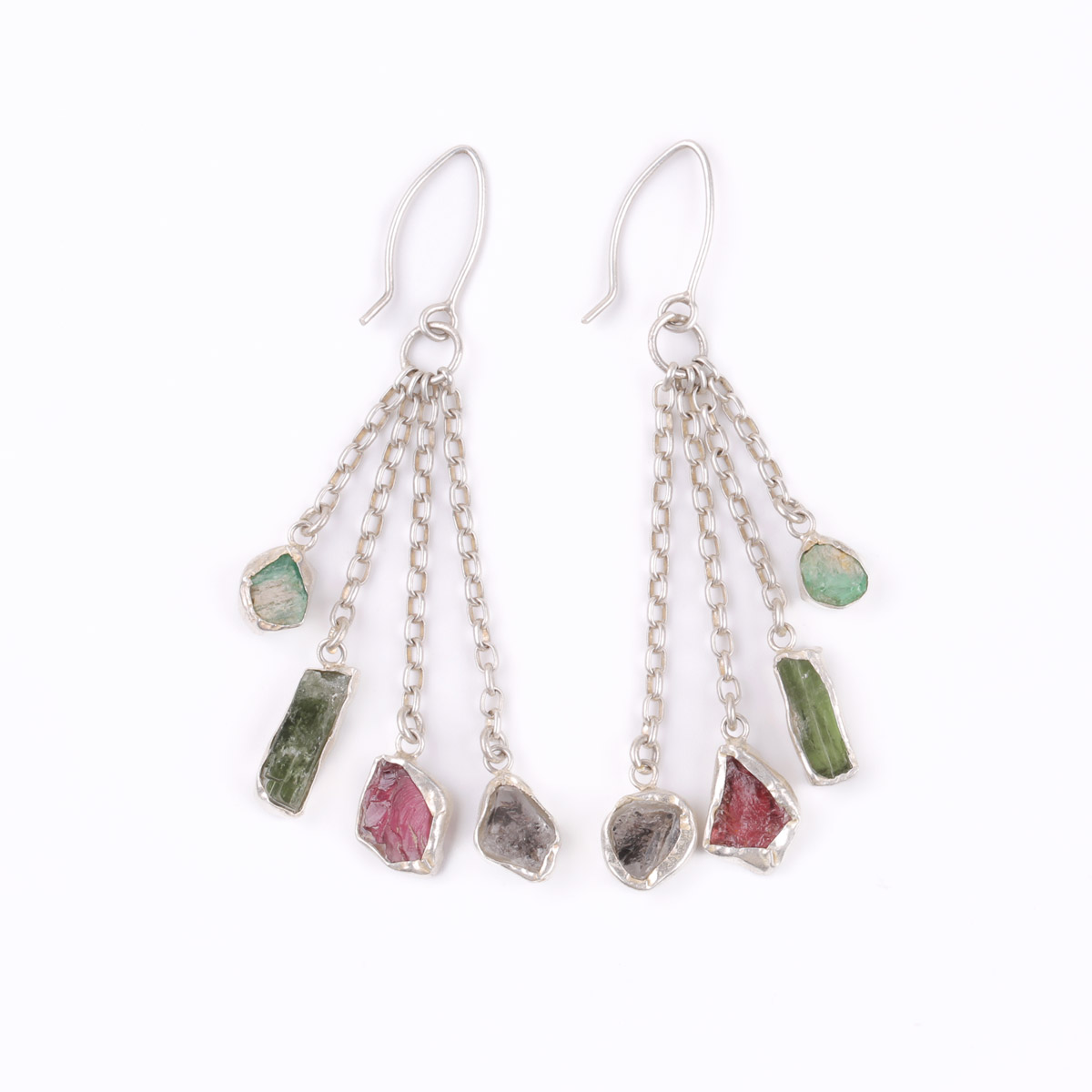 Ruby and Emerald Stone Hook Earrings | Cluster Silver Earrings