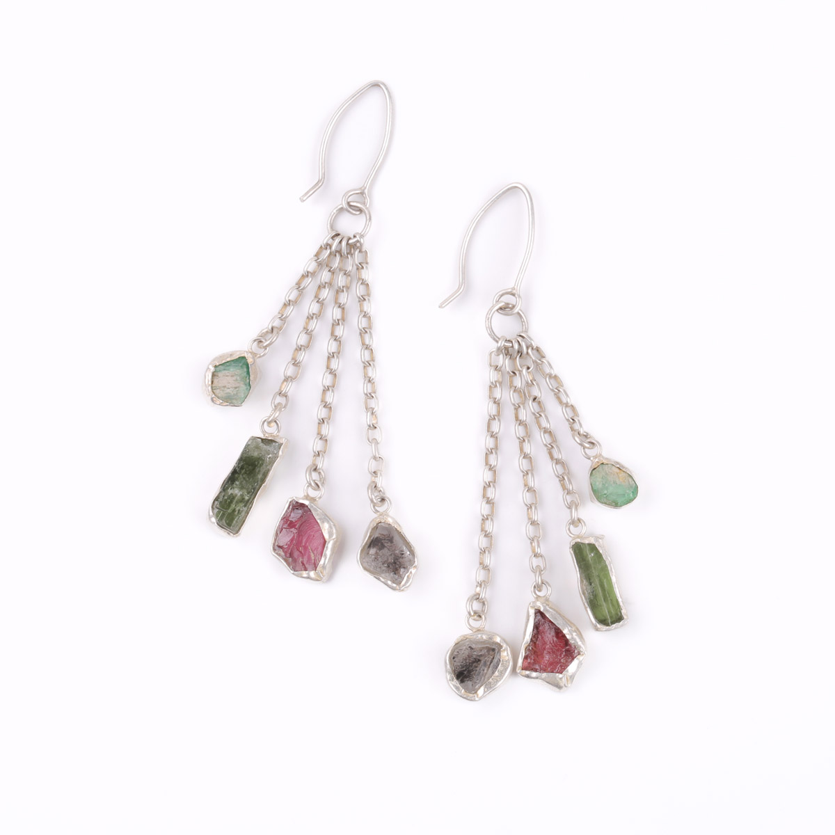 Ruby and Emerald Stone Hook Earrings | Cluster Silver Earrings