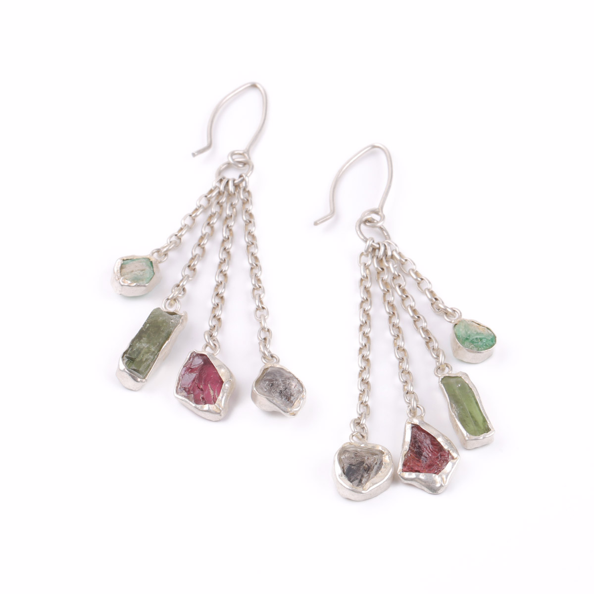 Ruby and Emerald Stone Hook Earrings | Cluster Silver Earrings