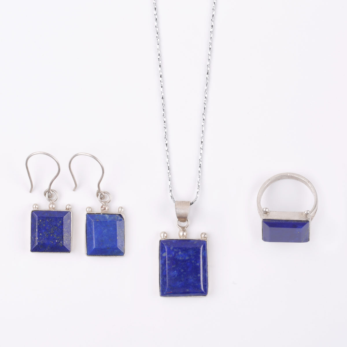 Lapis Silver Set | Square Shape Pendant With Earrings & Ring