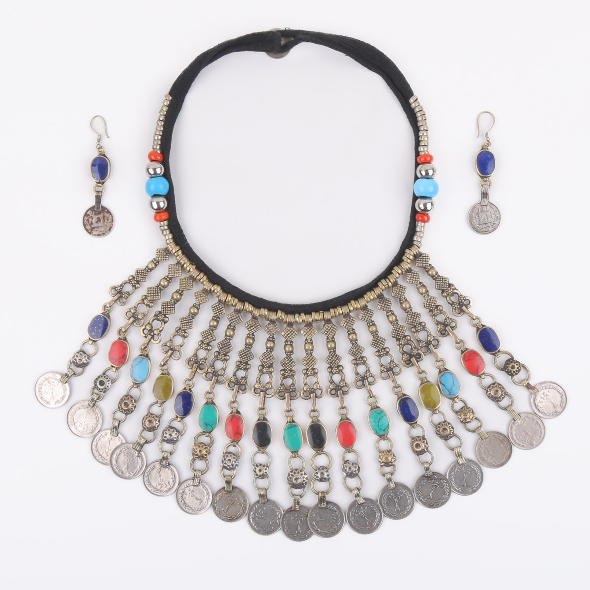 Multi-Stone Choker Set With Earrings | Long Bells Choker Set
