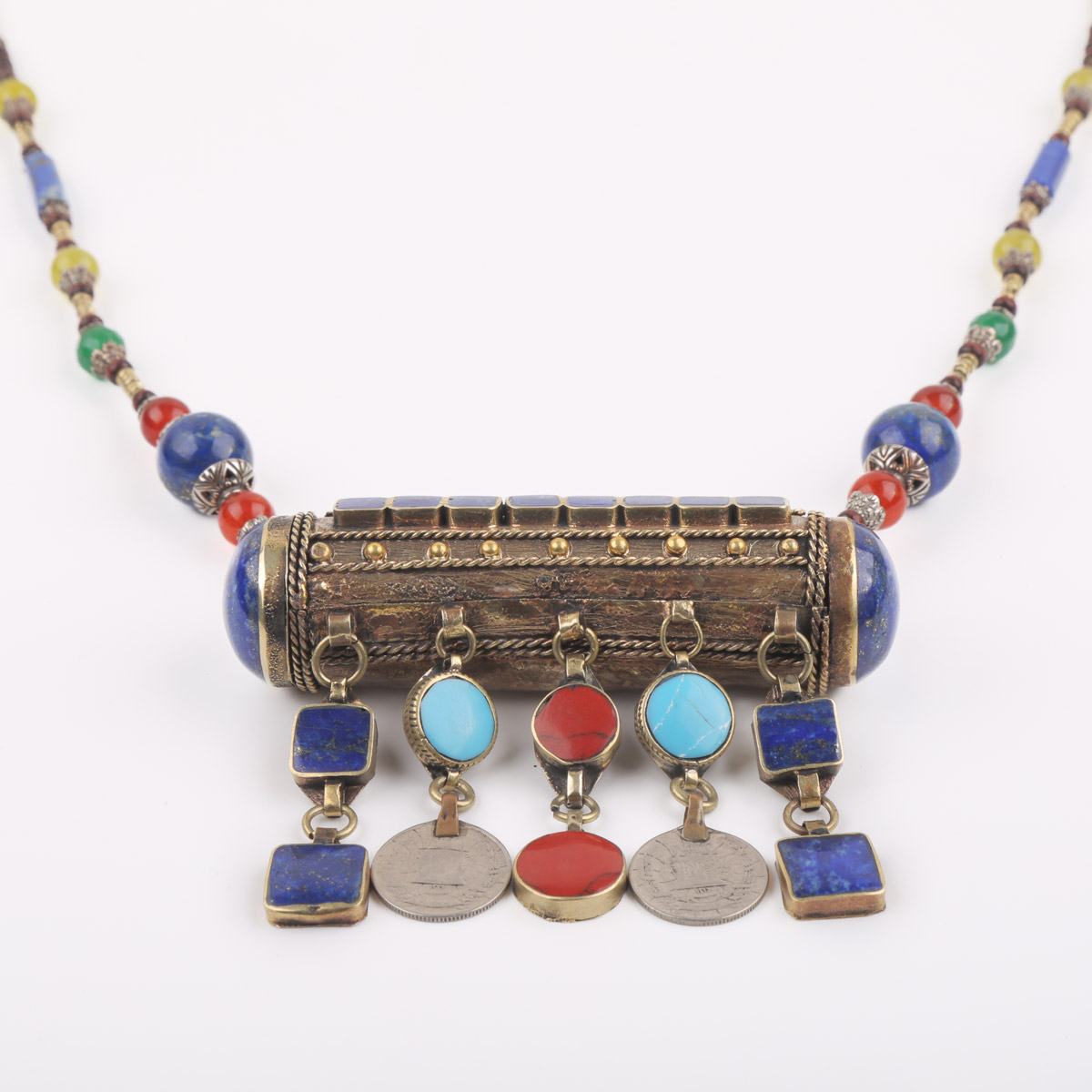 Multi-Stone Drop Locket Set With Earrings | Thread Beaded Necklace Set