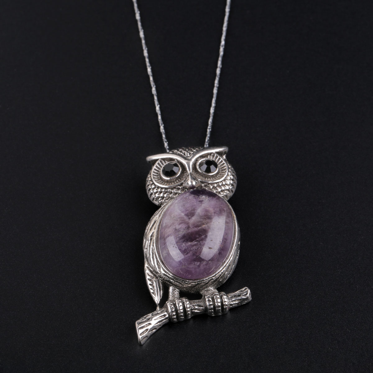 Emerald Owl Necklace | Silver Drop Pendant 