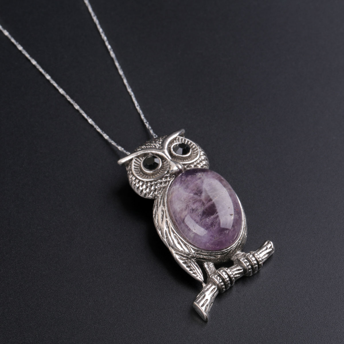 Emerald Owl Necklace | Silver Drop Pendant 