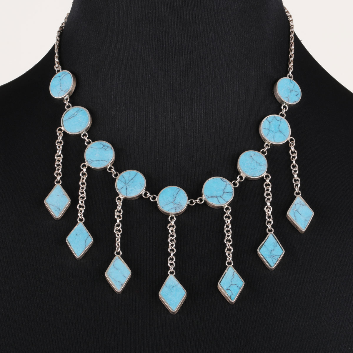 Turquoise Single Strand Necklace | Silver Long Bells Locket