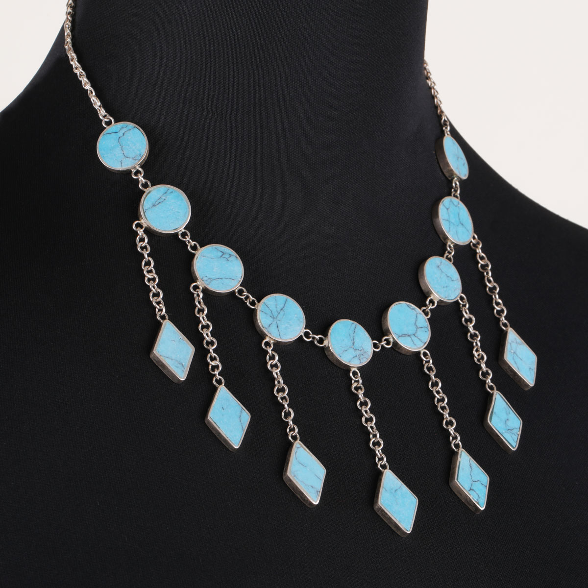 Turquoise Single Strand Necklace | Silver Long Bells Locket