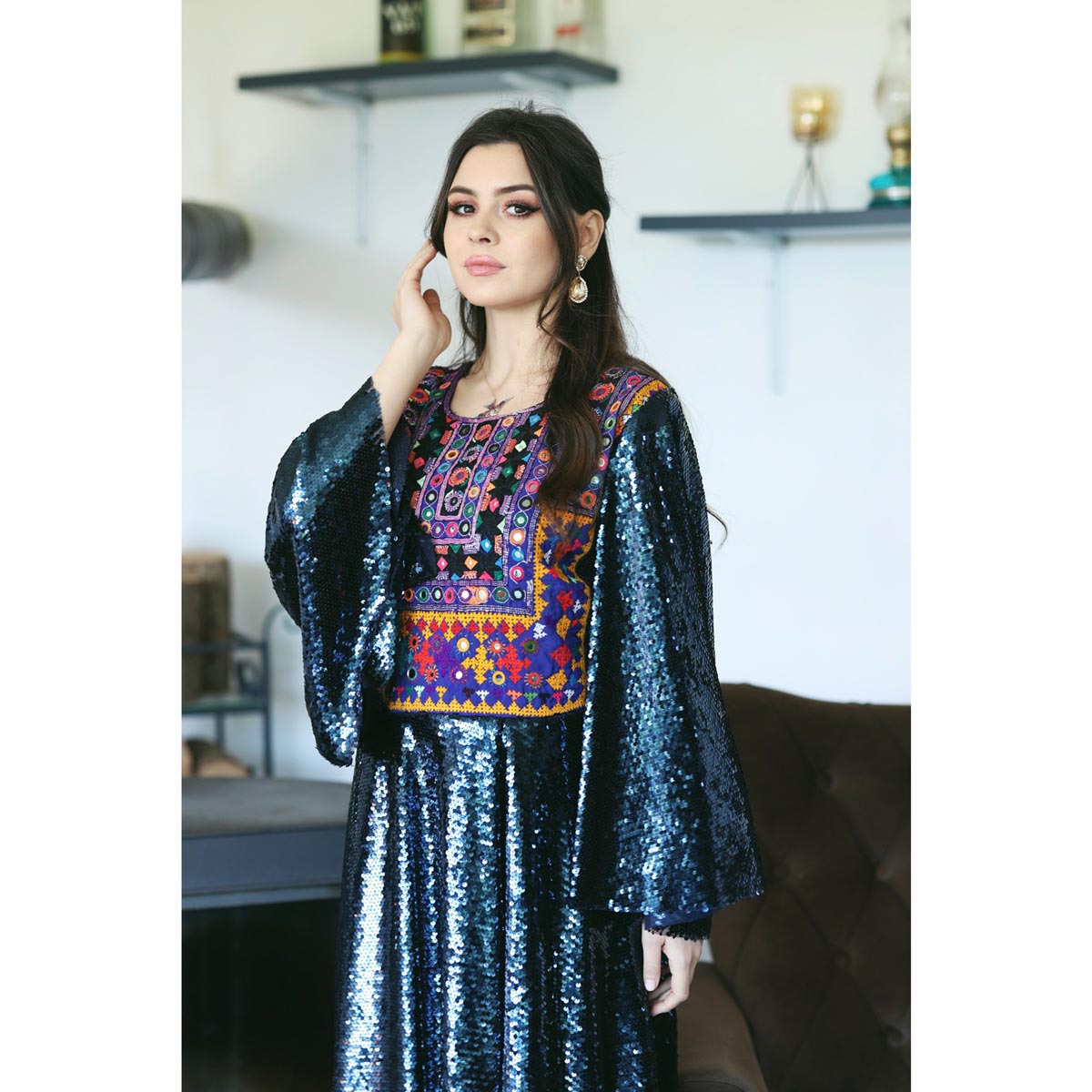 Navy Blue Sequin Maxi| Trumpet Sleeves & Front Embroidered Dress