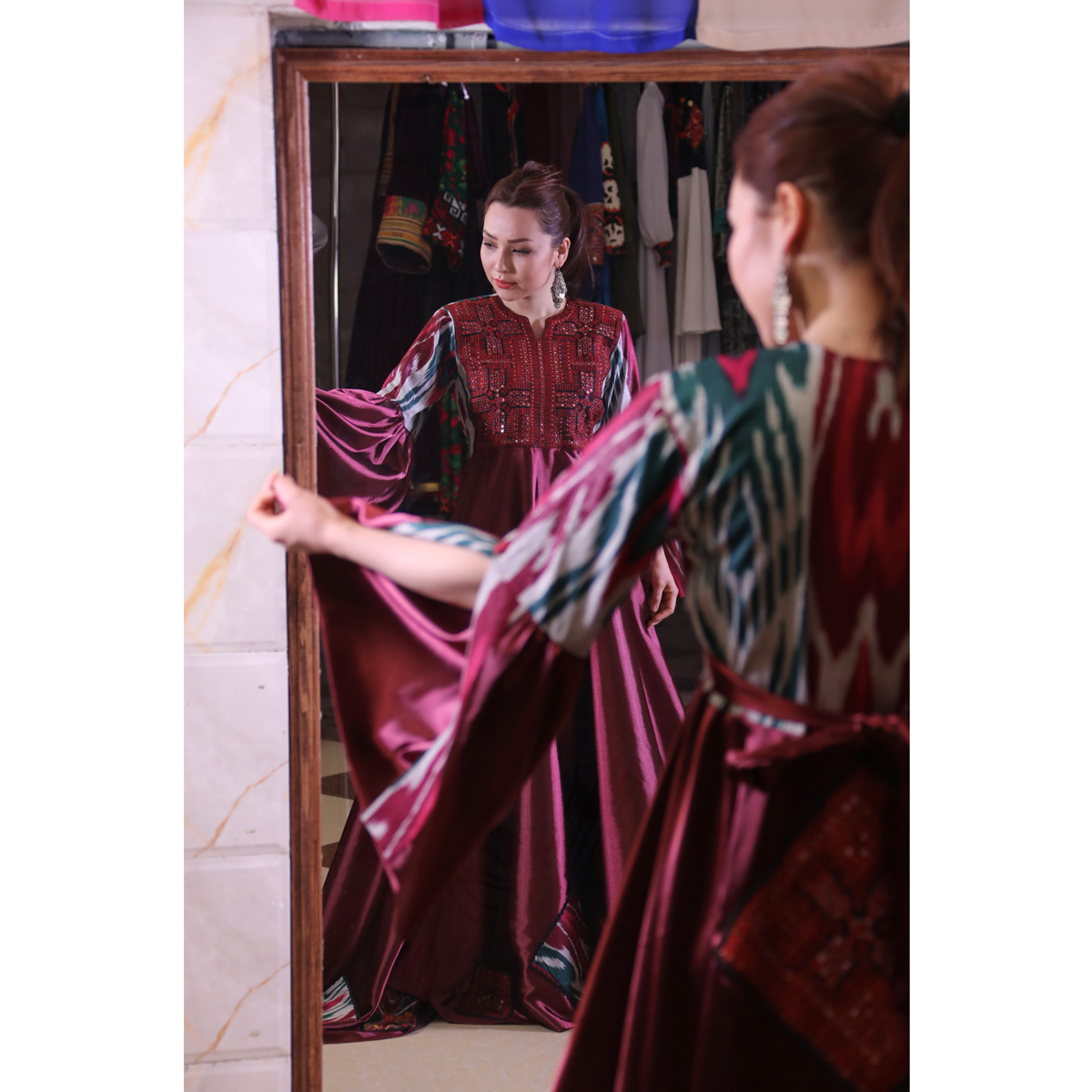 Bright Marron color | Hand Embroidered Fancy Maxi | Silk Long Sleeve Maxi