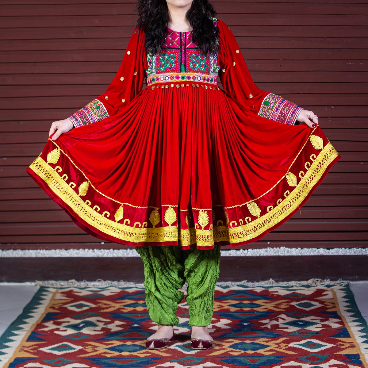Red Kochi Embroidered Short Dress | Silk Velvet Pleated Bridal Frock