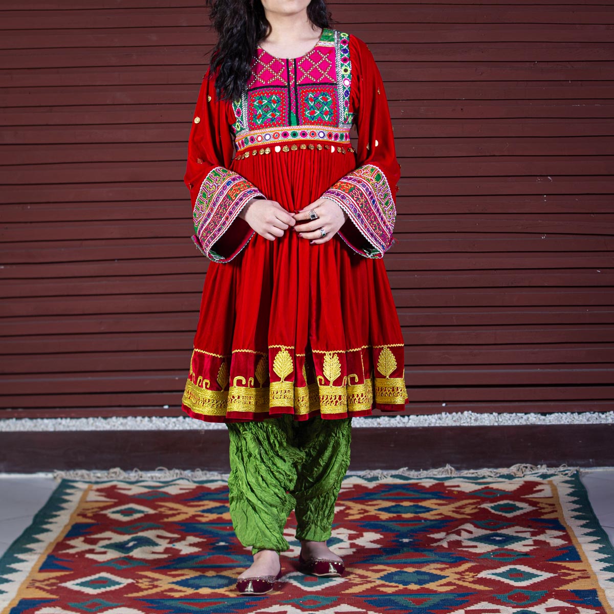 Red Kochi Embroidered Short Dress | Silk Velvet Pleated Bridal Frock