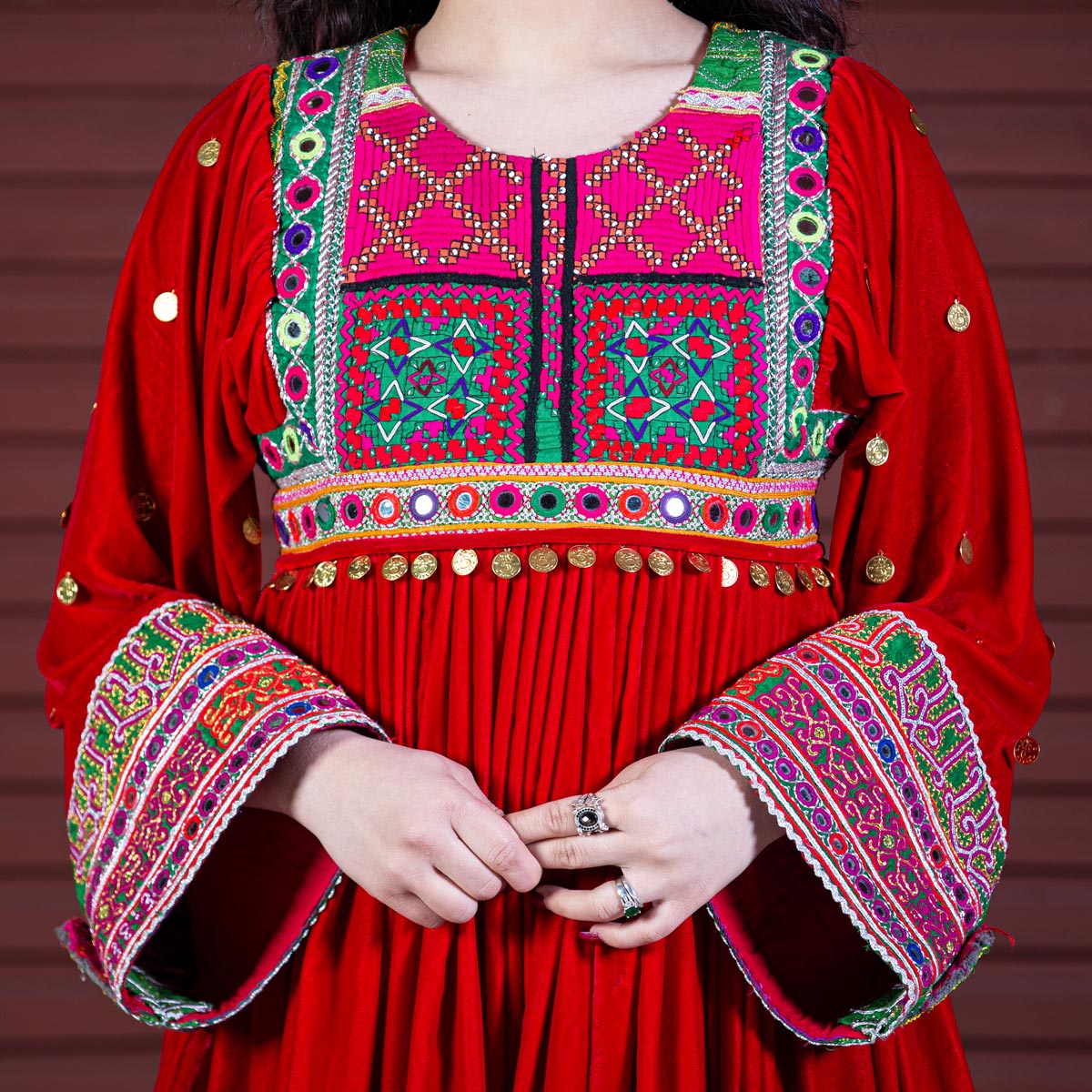Red Kochi Embroidered Short Dress | Silk Velvet Pleated Bridal Frock