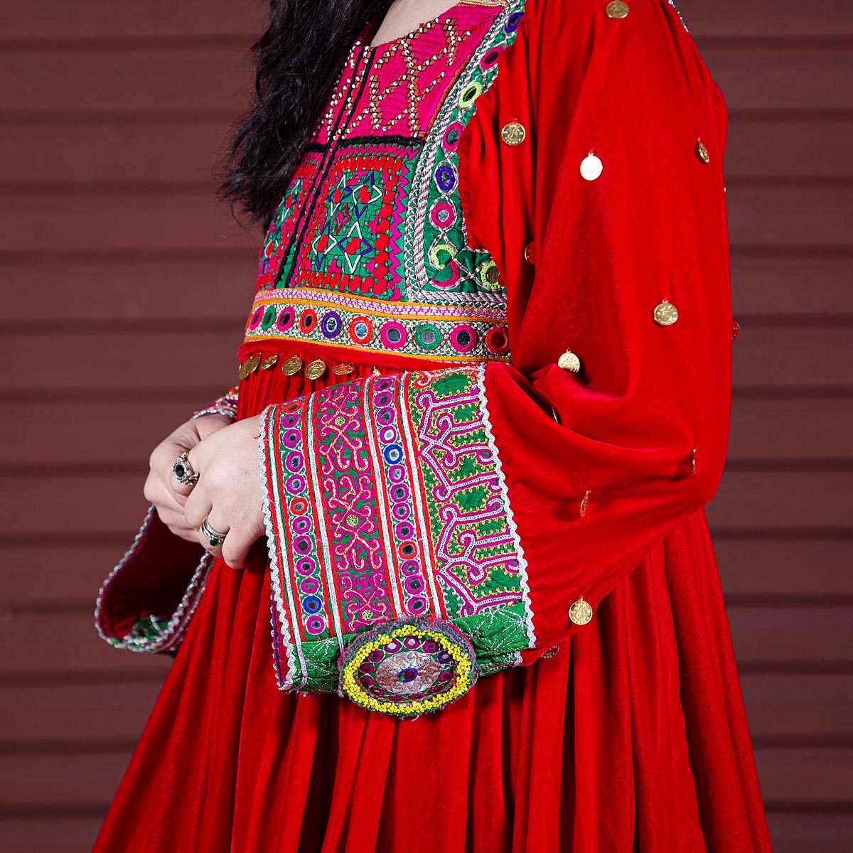Red Kochi Embroidered Short Dress | Silk Velvet Pleated Bridal Frock