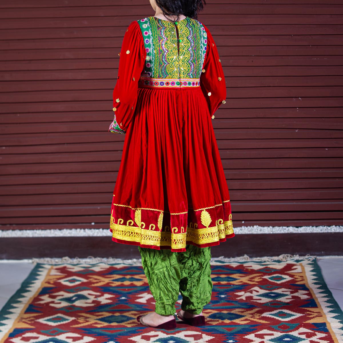 Red Kochi Embroidered Short Dress | Silk Velvet Pleated Bridal Frock