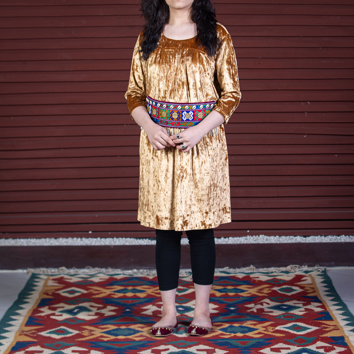 Brown Pawli Embroidered Dress | Velvet Belted Frock