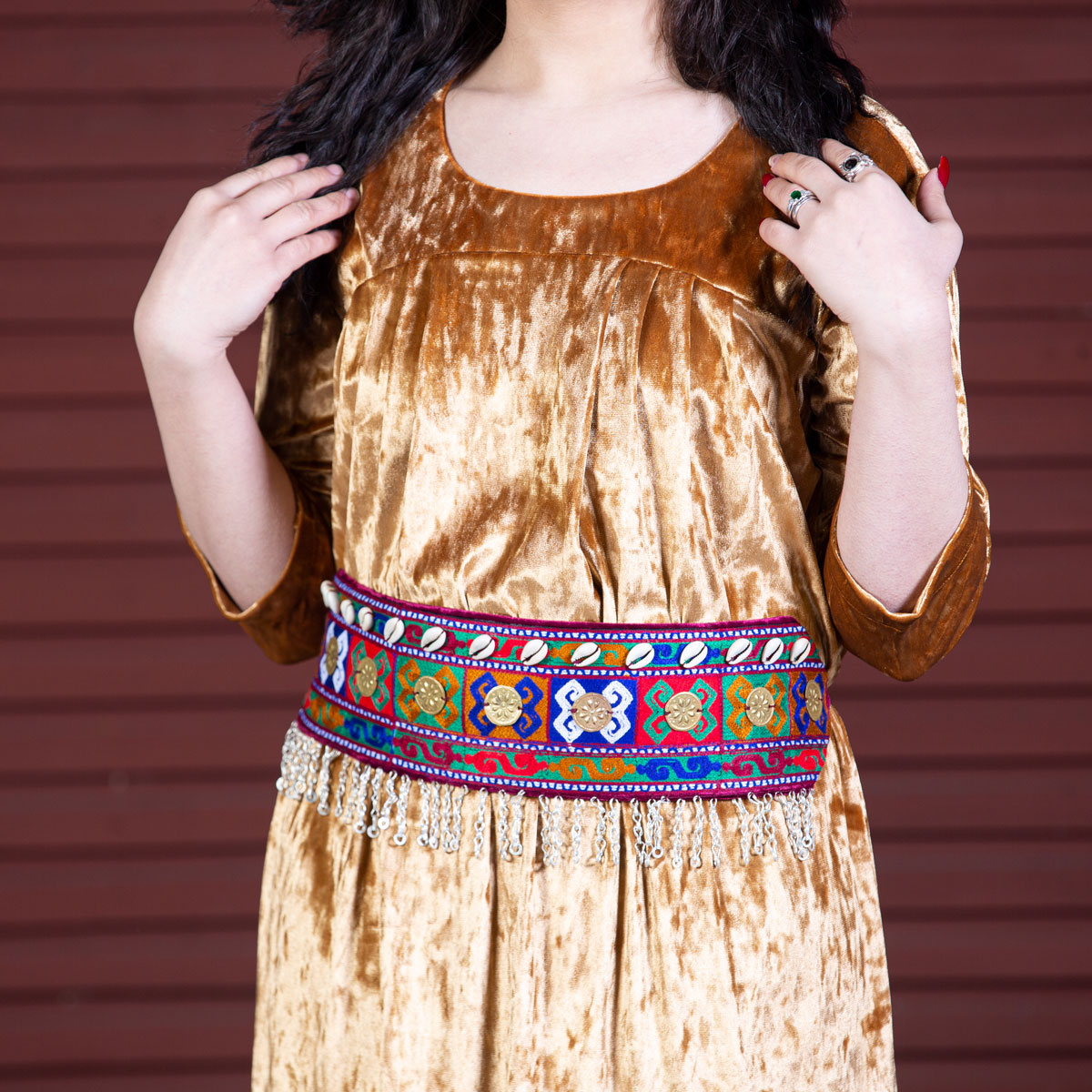 Brown Pawli Embroidered Dress | Velvet Belted Frock