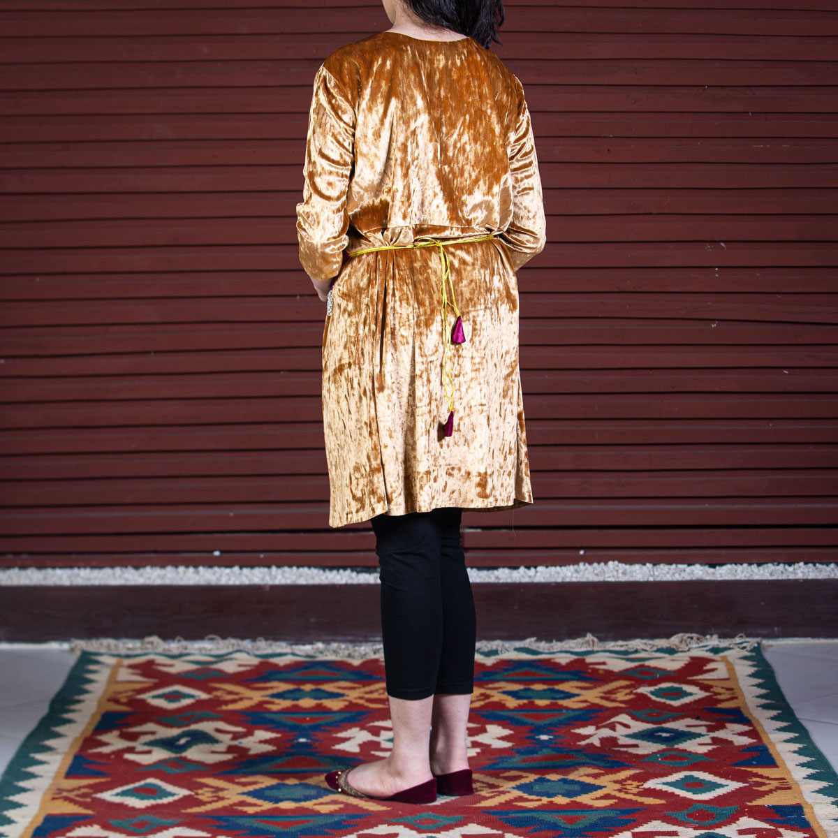 Brown Pawli Embroidered Dress | Velvet Belted Frock