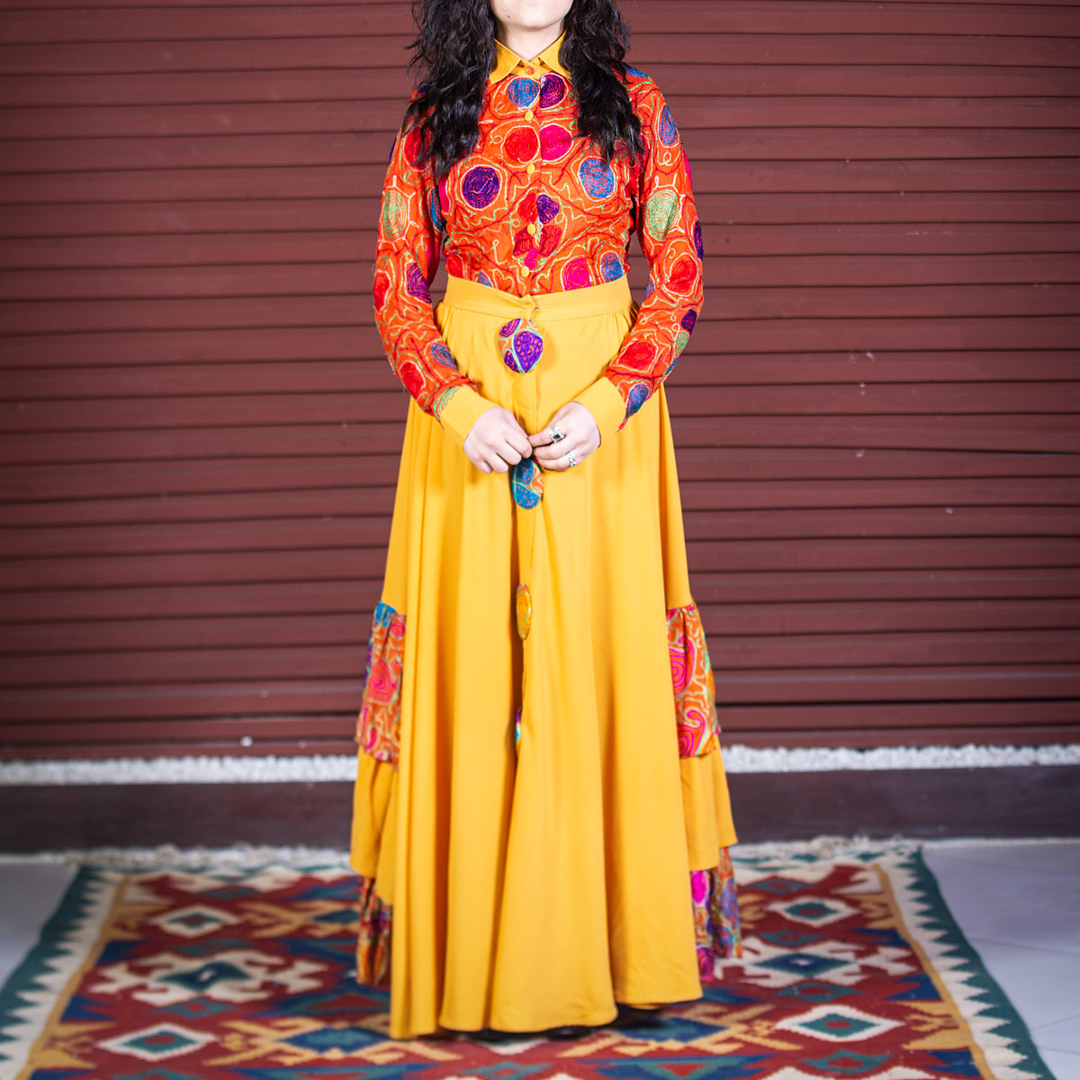 Yellow Cross-Stitch Frock | Crepe Button Down Frock