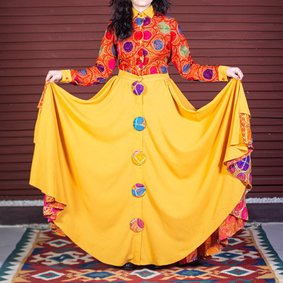 Yellow Cross-Stitch Frock | Crepe Button Down Frock
