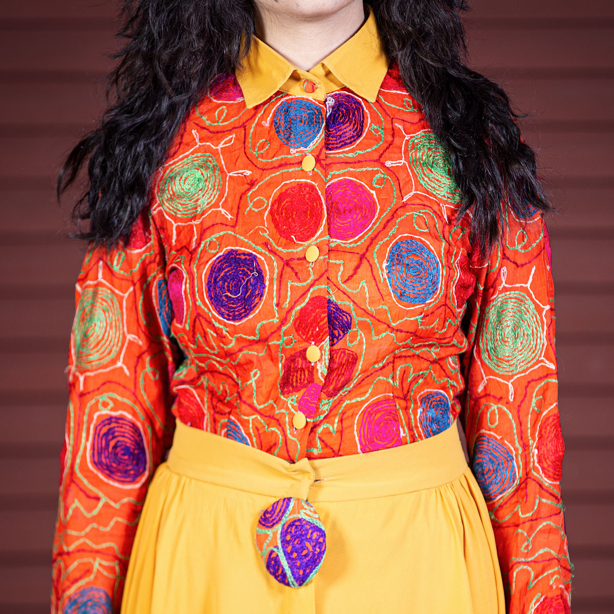 Yellow Cross-Stitch Frock | Crepe Button Down Frock