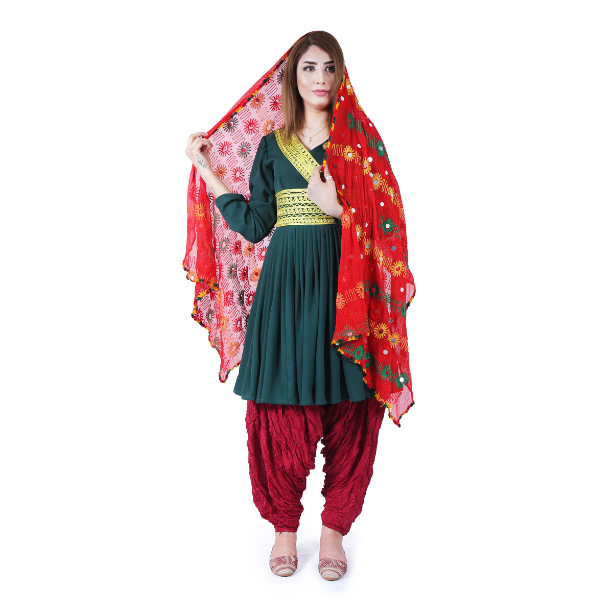 Green Pleated Short Frock | Georgette Kochi Embroidered Frock 