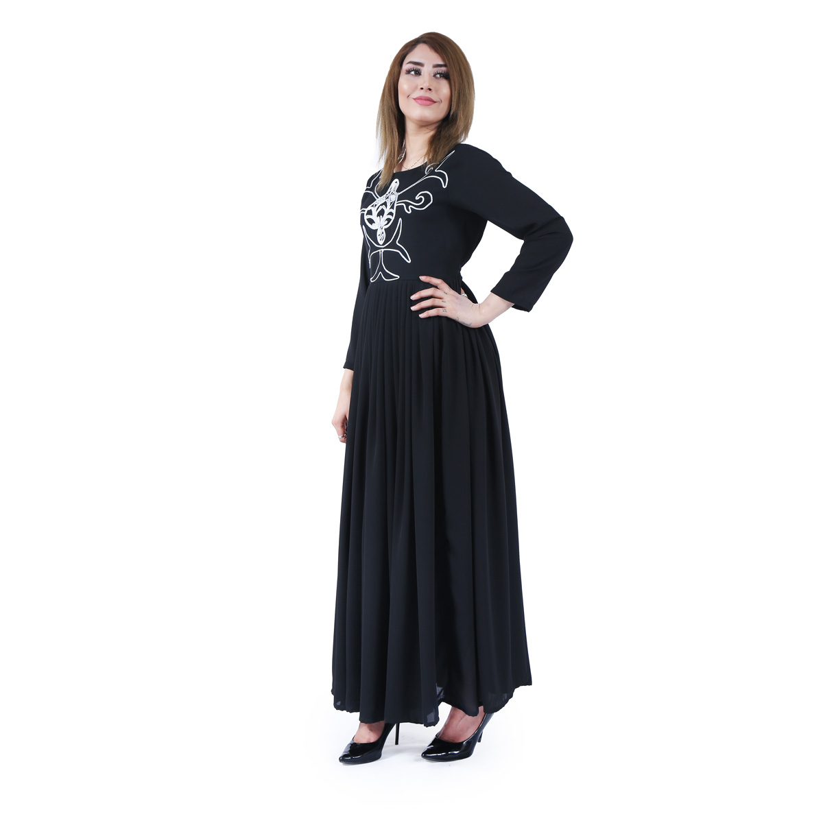 Black Front Embroidered Frock | Georgette Pleated Long Dress
