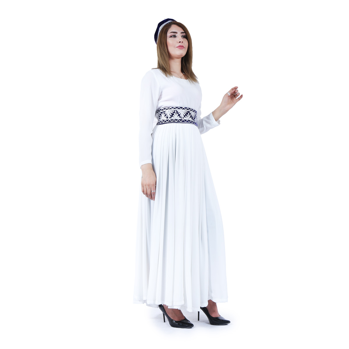 White Sunray Pleated Frock | Velvet Belted Long Dress