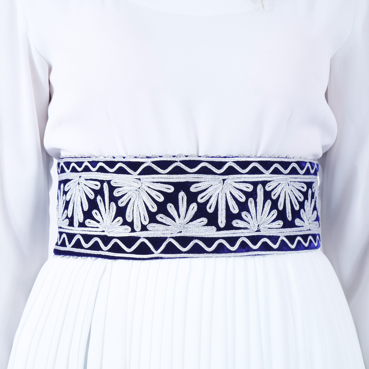 White Sunray Pleated Frock | Velvet Belted Long Dress