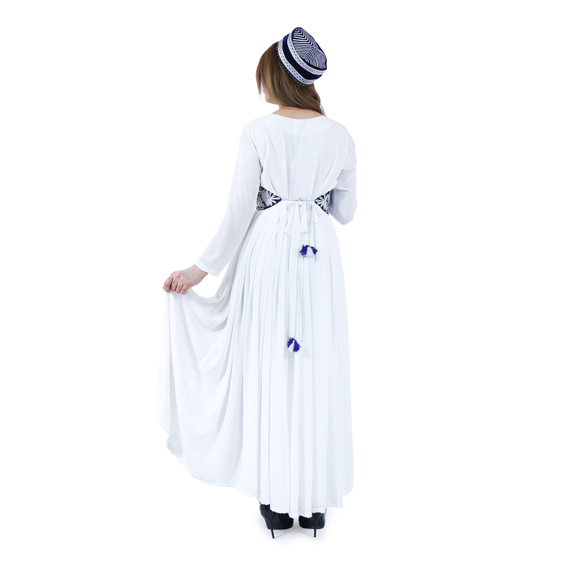 White Sunray Pleated Frock | Velvet Belted Long Dress