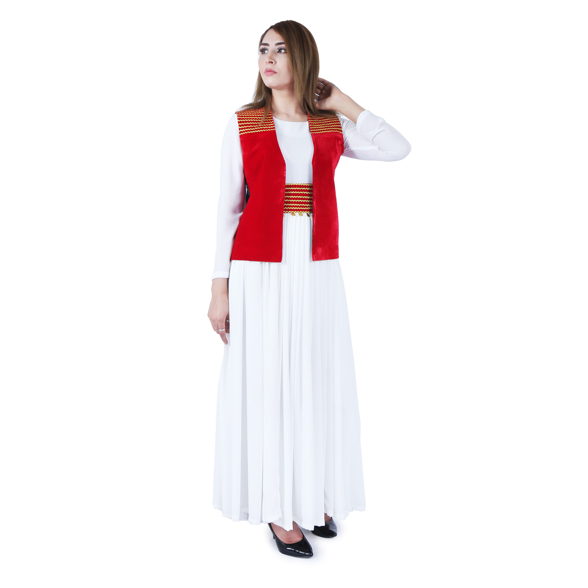 White Sunray Pleated Frock with Red Jacket | Belted Frock with Velvet Jacket  