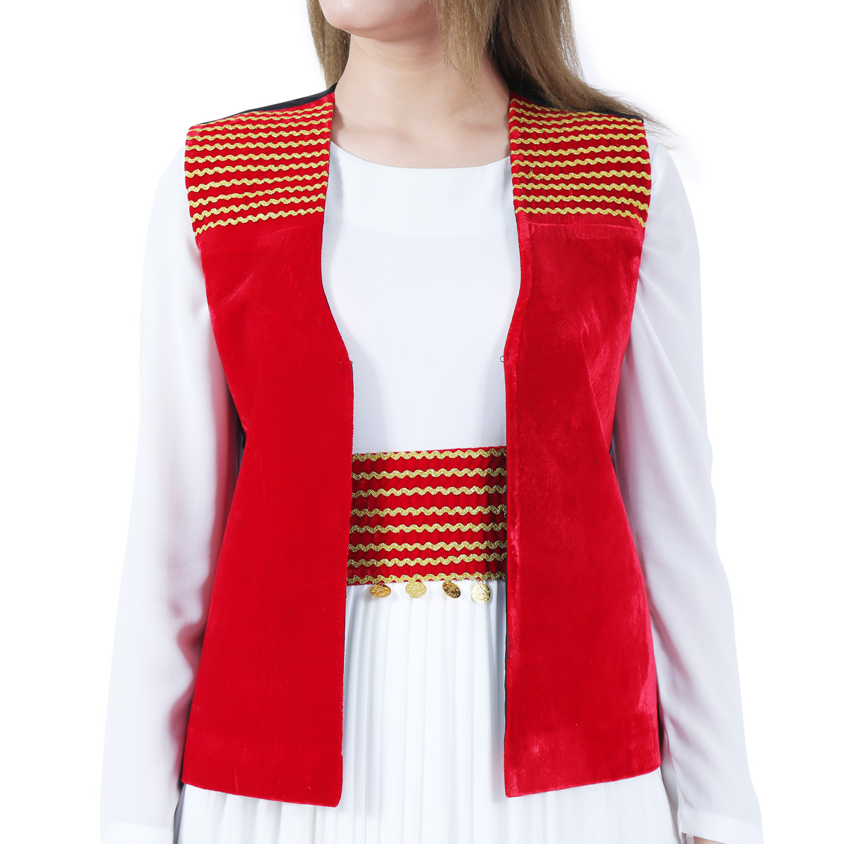 White Sunray Pleated Frock with Red Jacket | Belted Frock with Velvet Jacket  