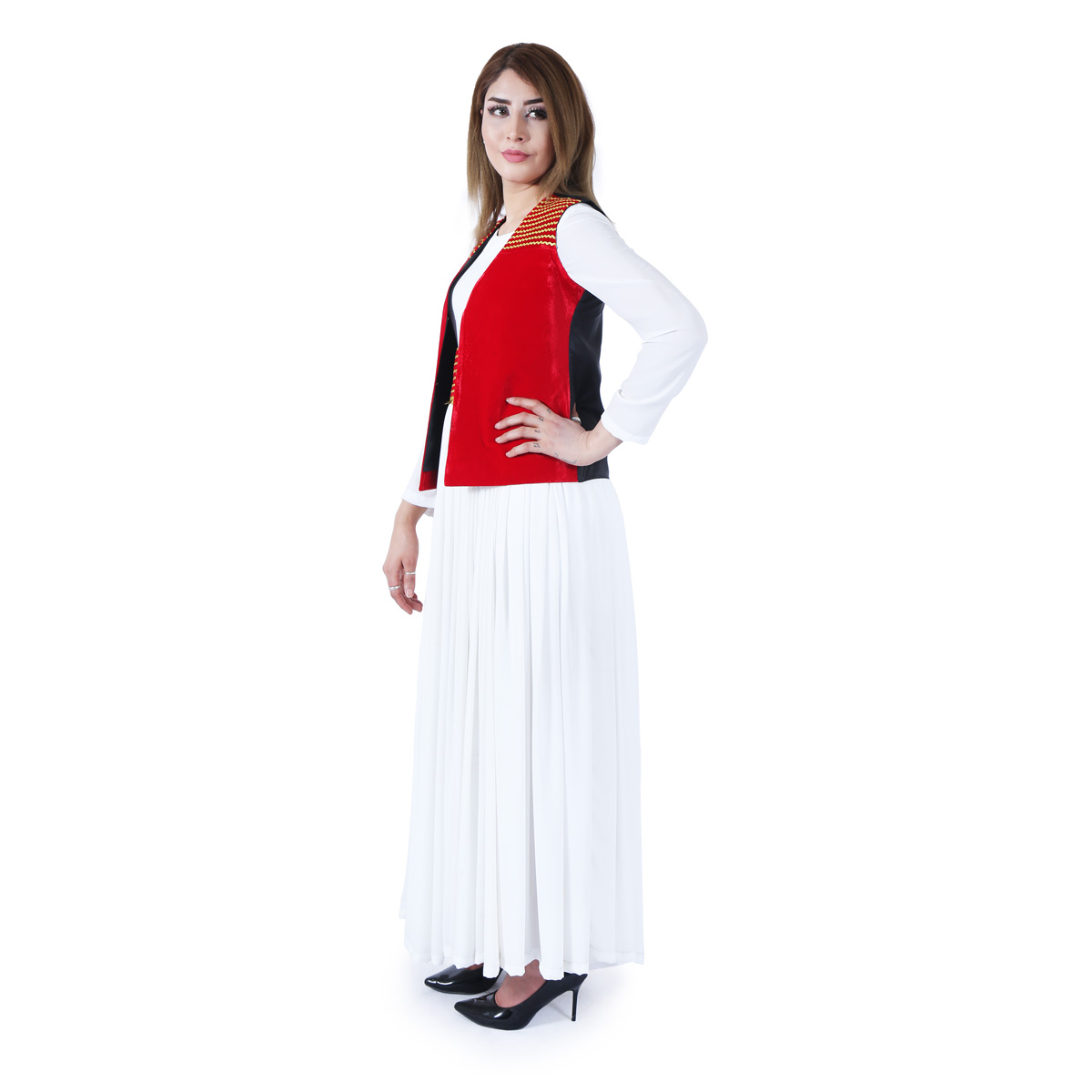 White Sunray Pleated Frock with Red Jacket | Belted Frock with Velvet Jacket  