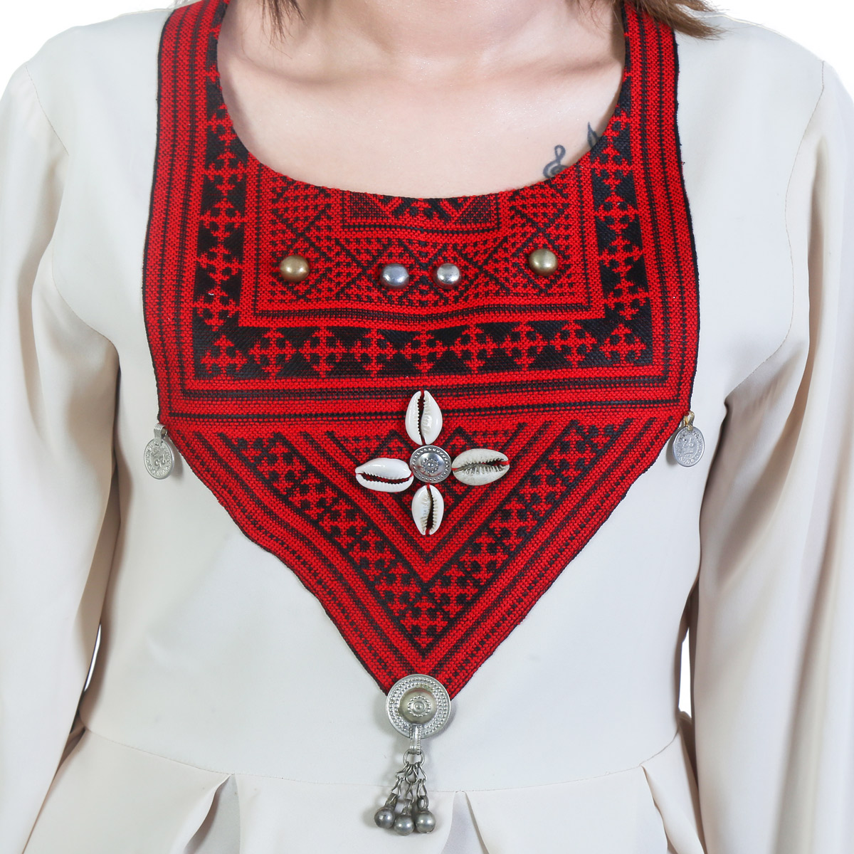 White Pleated Short Fancy Frock | Crepe Cowrie Embroidered Frock