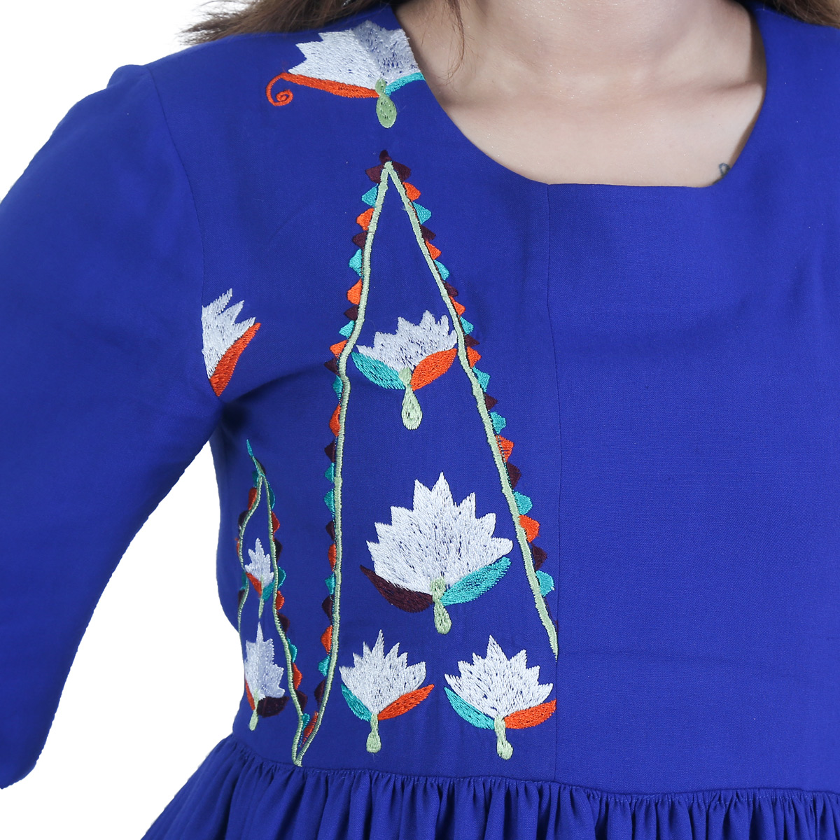 Blue Pleated Skirt Frock | Cotton Casual Wear Frock