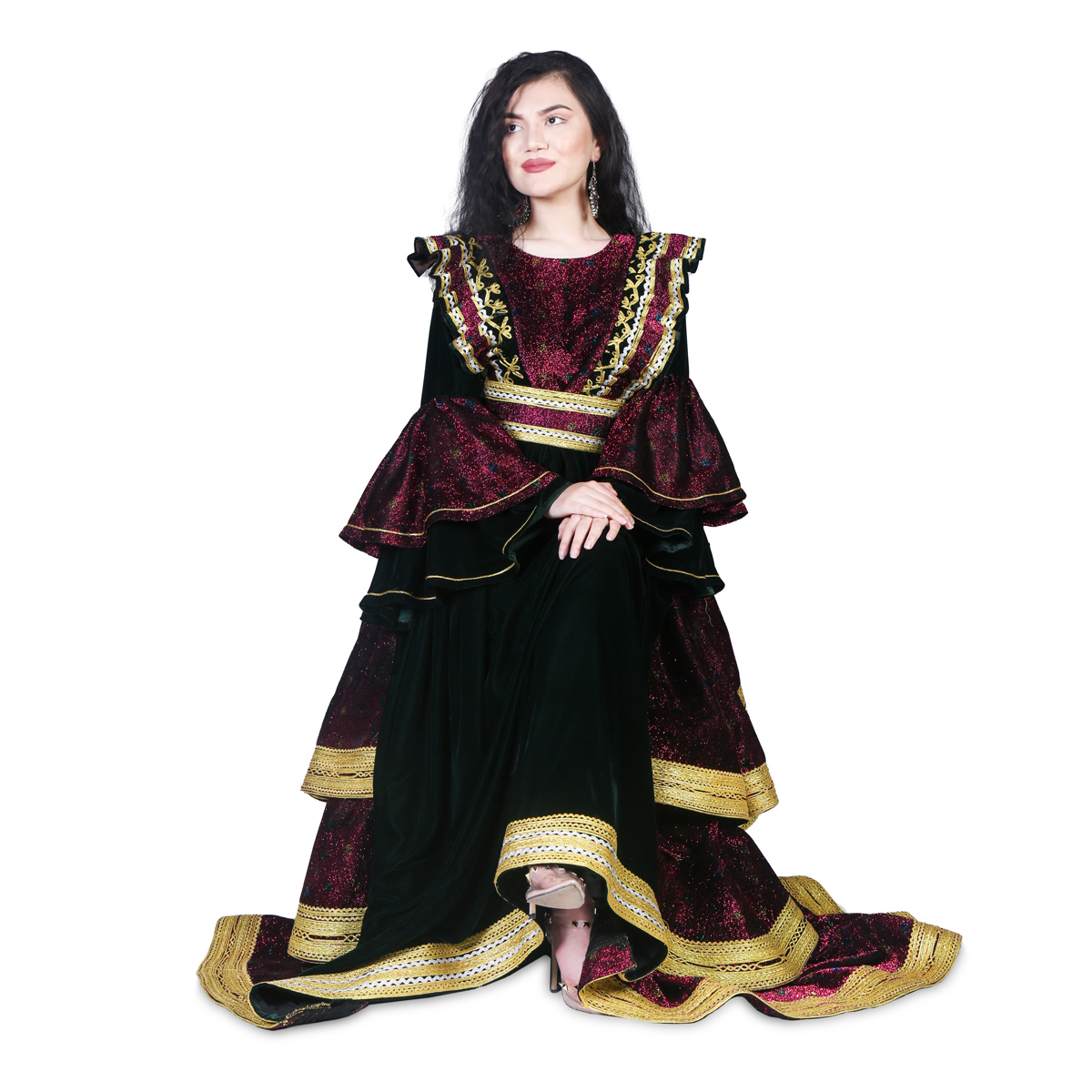 Barn Red Shimmer Party Wear Dress | Silk Velvet Tiered Skirt Frock