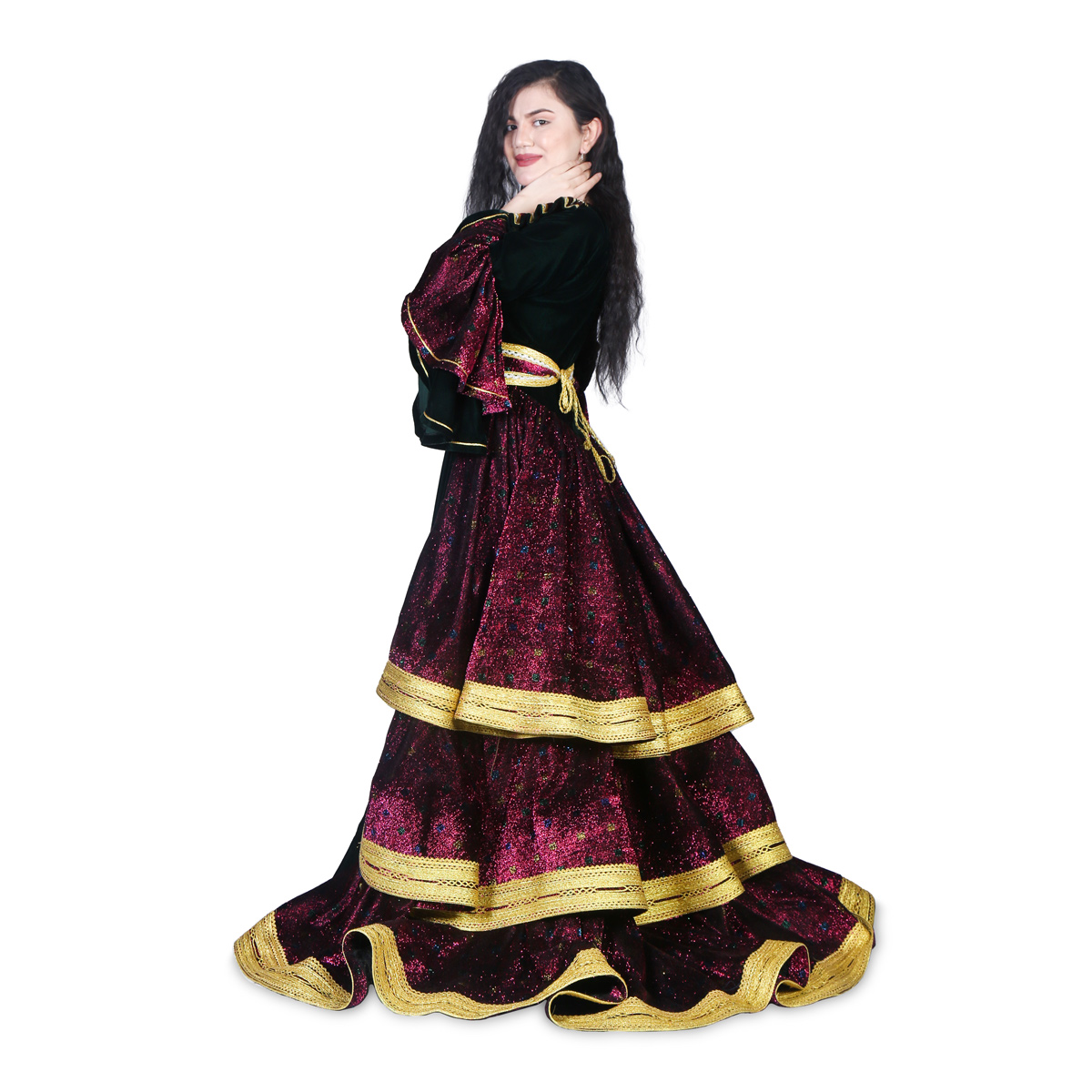 Barn Red Shimmer Party Wear Dress | Silk Velvet Tiered Skirt Frock