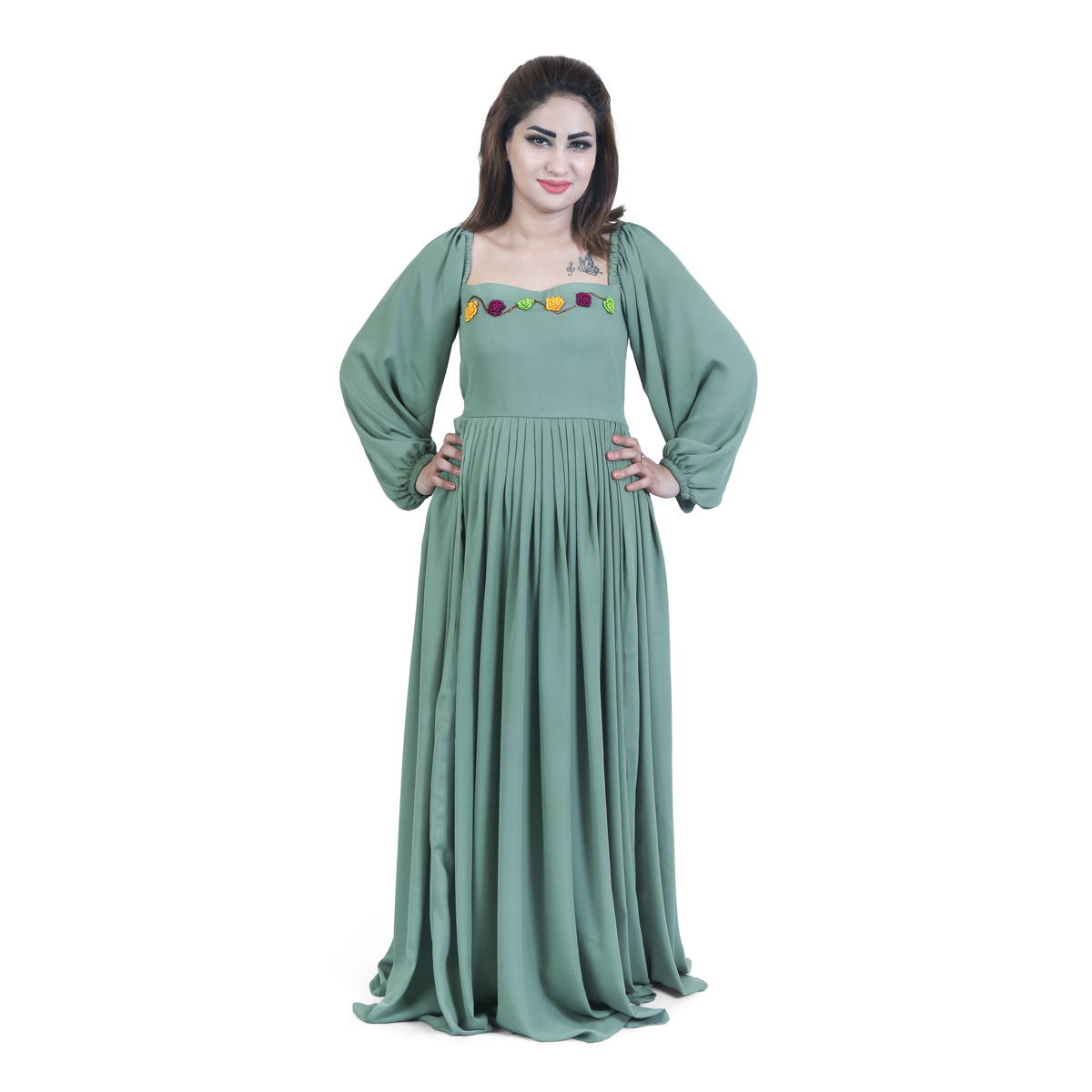 Sage Green Pleated Maxi | Georgette Cuff Sleeves Maxi - Cloth Sizes Women: Large - US