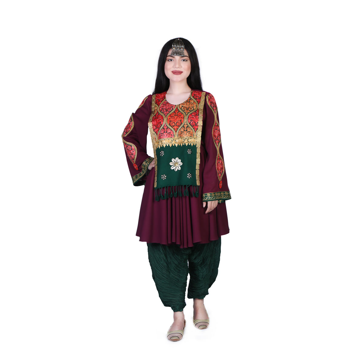 Maroon Cowrie Embroidered Dress | Georgette Pleated Party Wear Frock