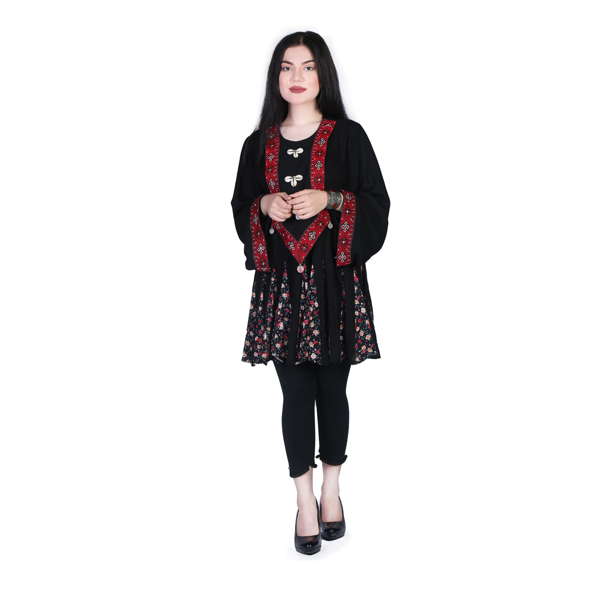 Black Floral Print Short Dress | Cotton V Design Embroidered Frock