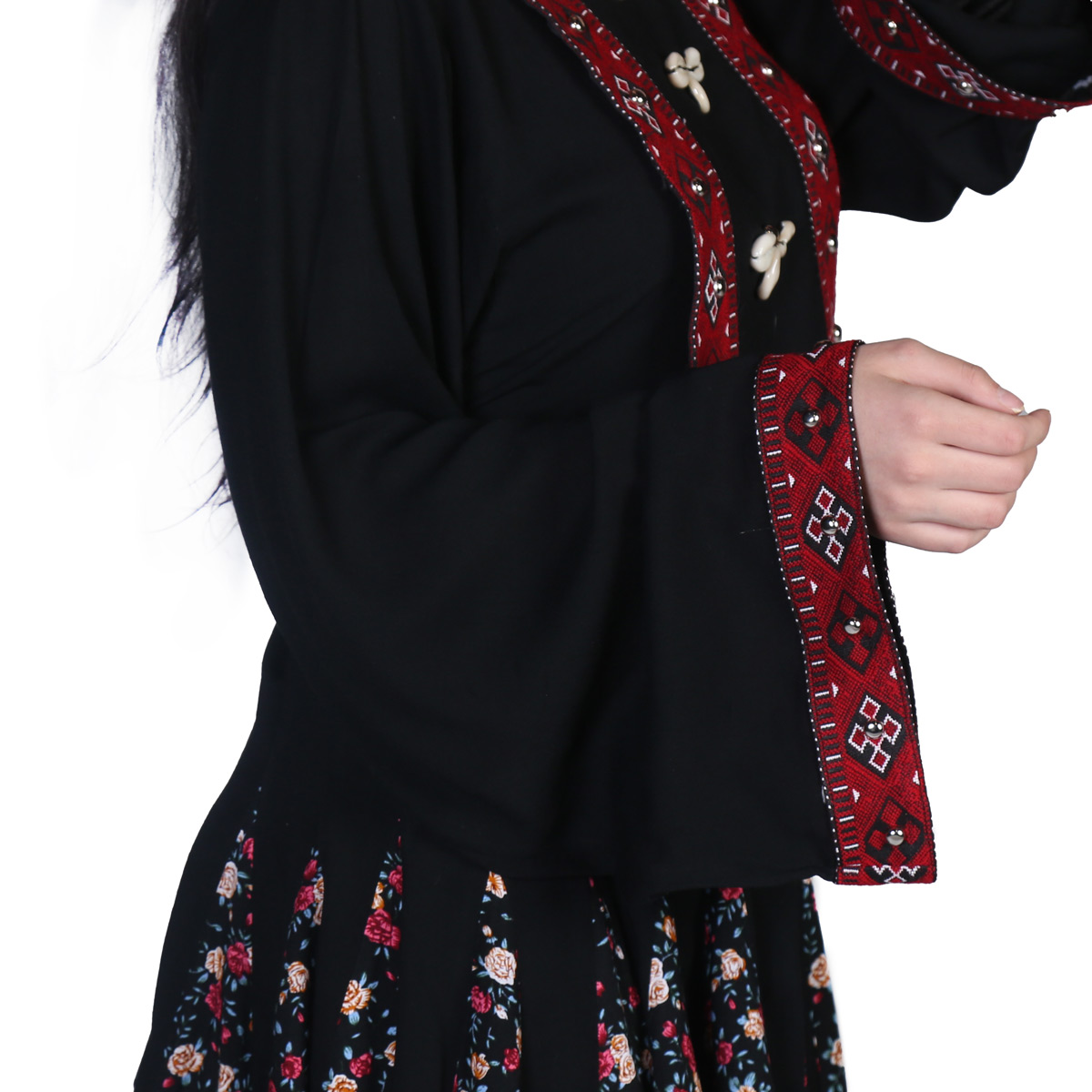 Black Floral Print Short Dress | Cotton V Design Embroidered Frock