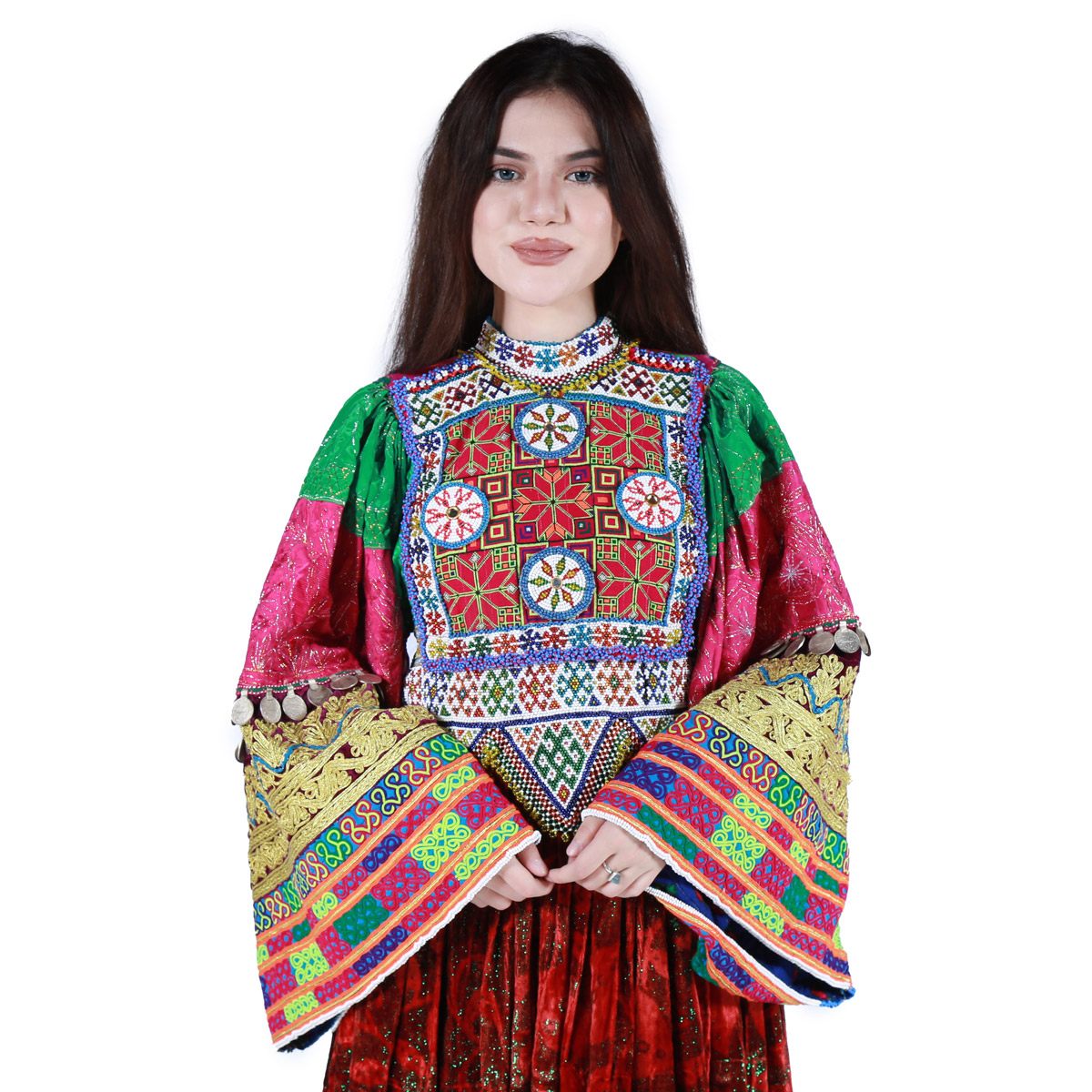 Red Zaribakhmal Bead Embroidered Dress | Velvet Balloon Sleeves Pleated Party Wear Frock  Afghan Gand Dress
