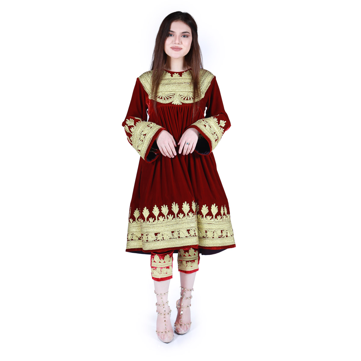 Maroon Kochi Golden Cherma Embroidered Short Dress | Velvet Balloon Sleeves Party Wear Short Frock