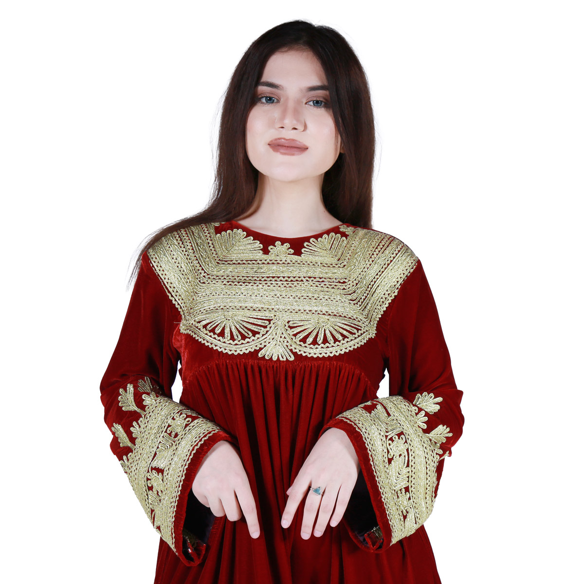 Maroon Kochi Golden Cherma Embroidered Short Dress | Velvet Balloon Sleeves Party Wear Short Frock
