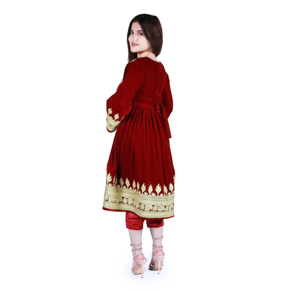 Maroon Kochi Golden Cherma Embroidered Short Dress | Velvet Balloon Sleeves Party Wear Short Frock