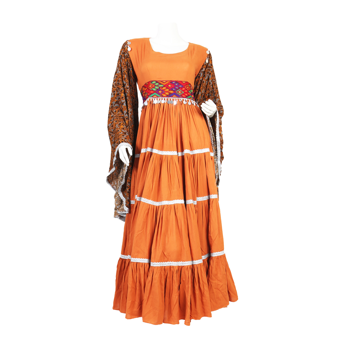 Orange Prarie Skirt Long Fancy Maxi | Linen Trumpet Sleeves Party Wear Maxi