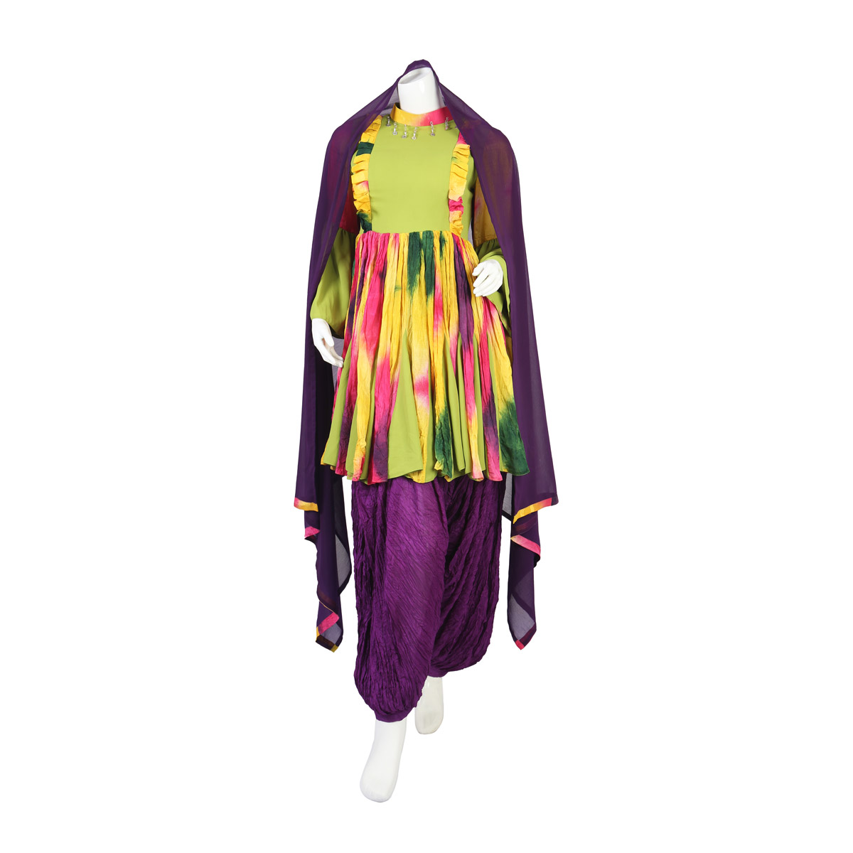 Colorful Pleated Simple Short Frock | 3-Piece Casual Wear Dress