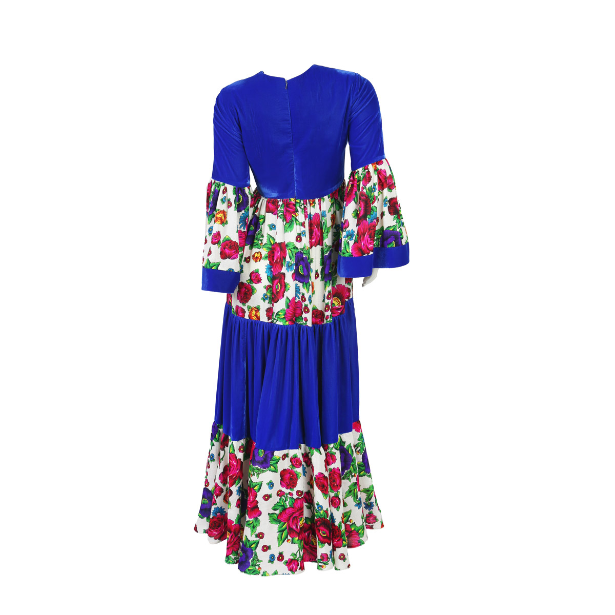Blue Floral Print Embroidered Long Maxi | Golnegar Bell Sleeves Casual Wear Maxi