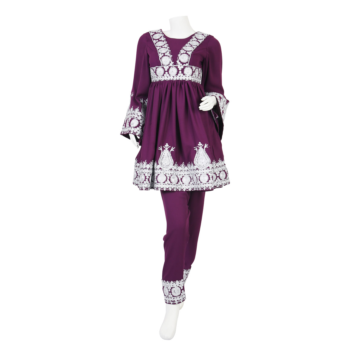 Violet Floral Cherma Work Short Frock | Georgette Pleated Party Wear Short Dress